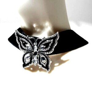 Butterfly Brooch Marquise Crystals Enameled Black Velvet Choker